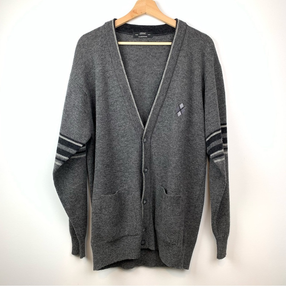 St Michael Cardigan Sweater Knit Gray Sz Medium Lambswool Pockets Grandpacore UK